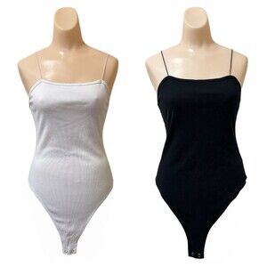 Wild Fable Black White Body Suit Medium Ribbed Tank Spaghetti Straps Lot 2